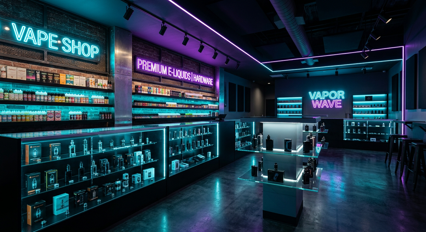 Moderner Vape Shop mit beleuchteten Vitrinen und E-Zigaretten-Display